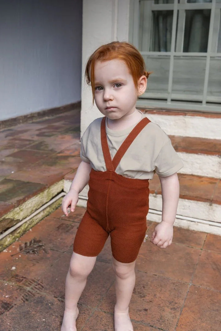 Liten gutt i rustfarge bukseoveralls og beige T-skjorte, barneklær for 0-8 år