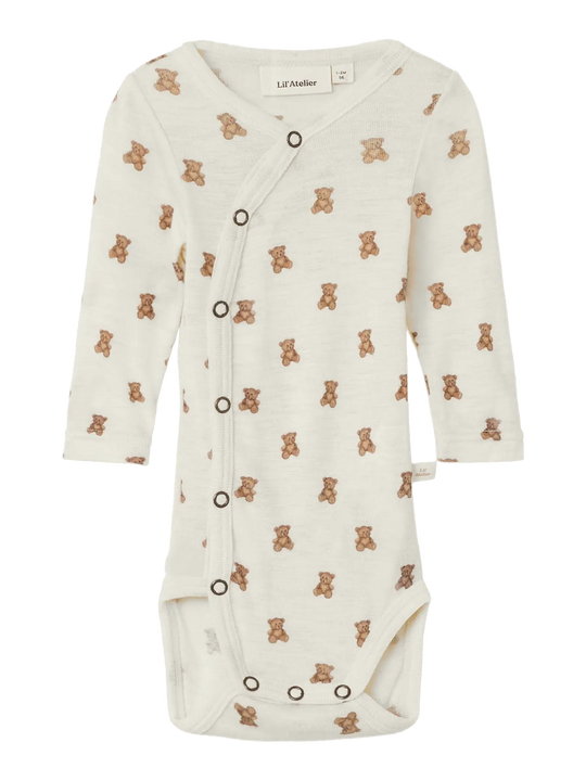 Lil' Atelier Baby WOOL NALU LS SLIM WRAP BODY - Turtledove Melange | Teddybear - Torgunns Barneklær AS