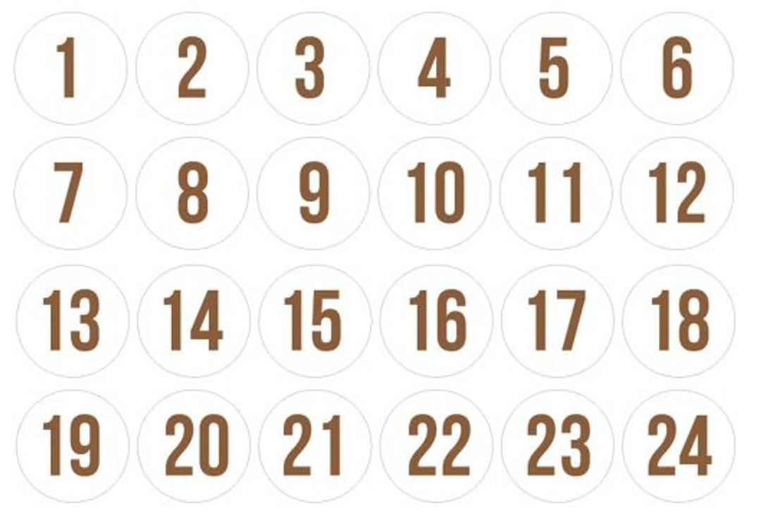 Pakkekalender tall 1-24 hvit/gullskrift, klistermerker