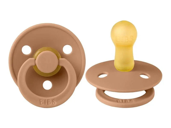 BIBS naturlig gummi sugelapper i beige og gul, myke babyutstyr for spedbarn
