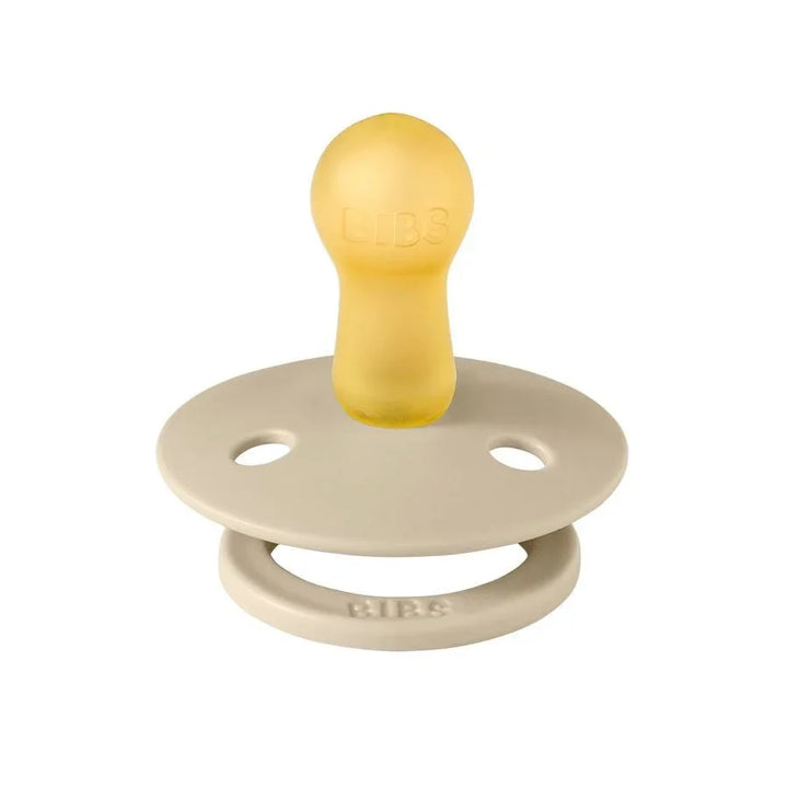 Gul BIBS naturlatex sutteflaske med beige skjerm, myk og trygg for spedbarn