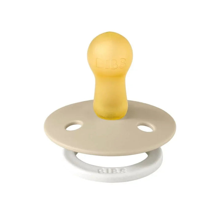 Gul BIBS babysove med beige skjerm, myk og trygg for spedbarn