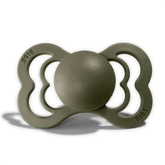 Olivengrønn BIBS-suger for spedbarn, myk silikon og ergonomisk design