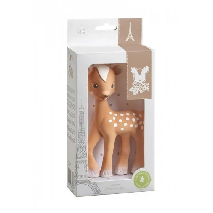 Myk hjortetannbiter i naturlig gummi, egnet fra 0 måneder, i elegant emballasje med Eiffeltårn-motiv.